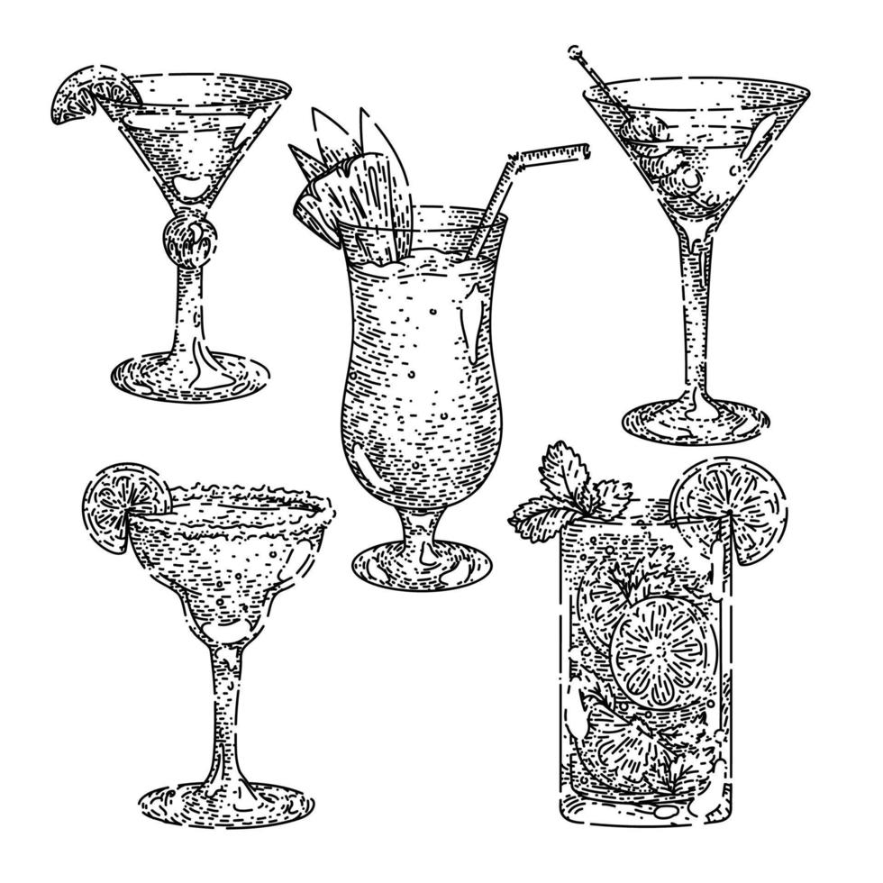 cóctel bebida conjunto boceto dibujado a mano vector