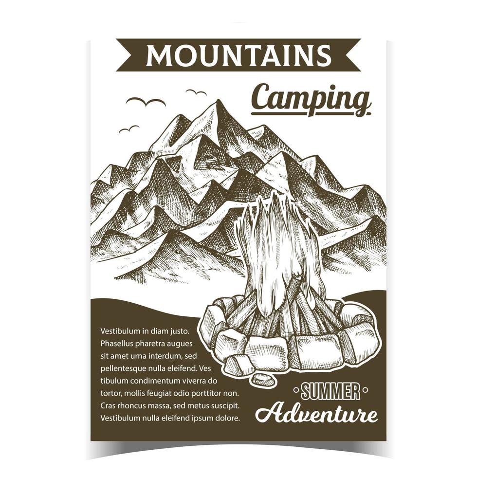 montañas camping fuego publicidad cartel vector