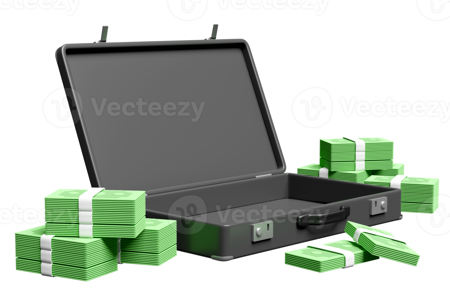 3d Empty black briefcase with banknote stacks isolated. investment or business finance concept, 3d render illustration png