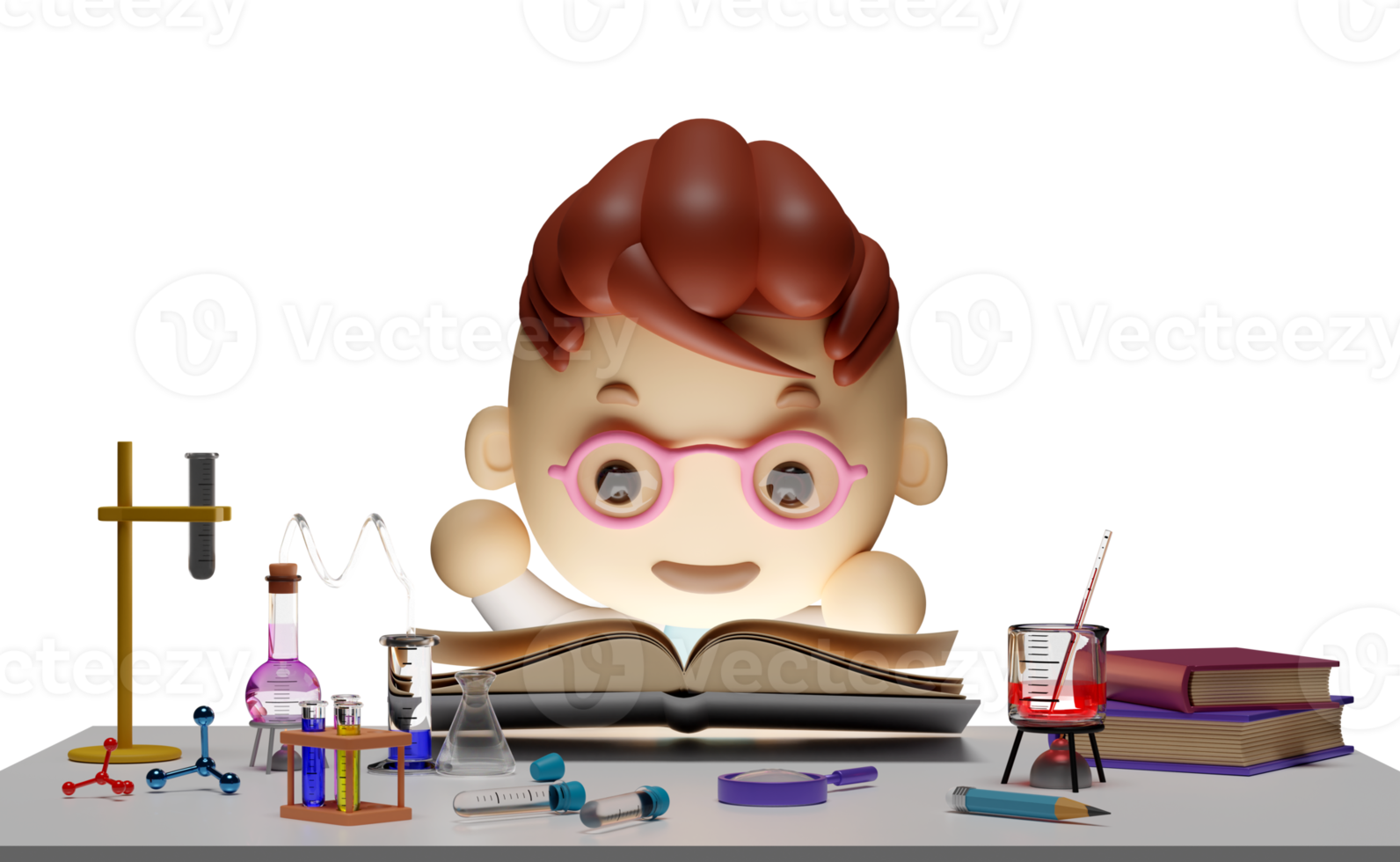 3d miniature cartoon scientist boy open magic book with science experiment kit, desk in lab isolated. room innovative education concept, 3d render illustration png