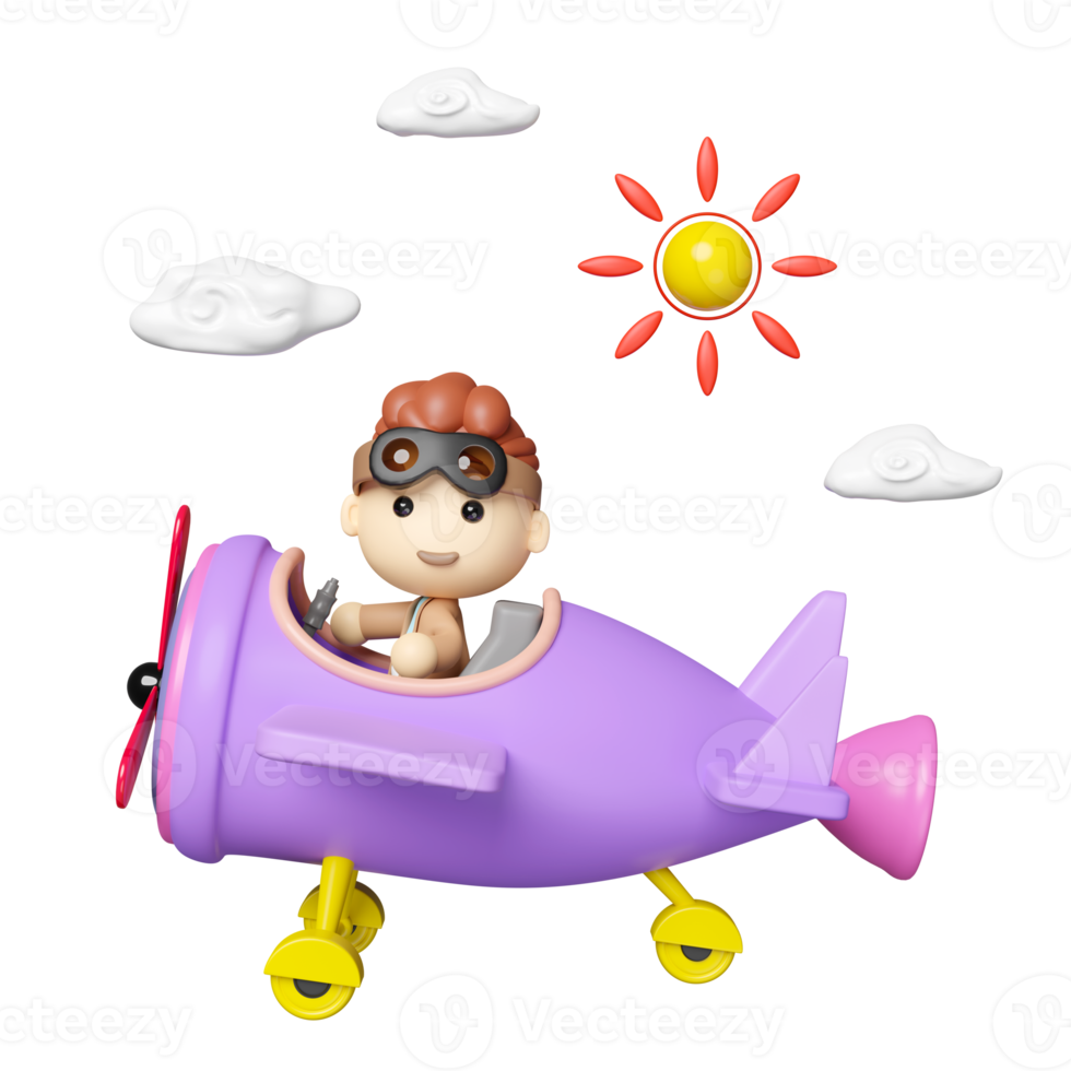 child pilot character with pilot glasses, propeller plane on the airport isolated. 3d render illustration png