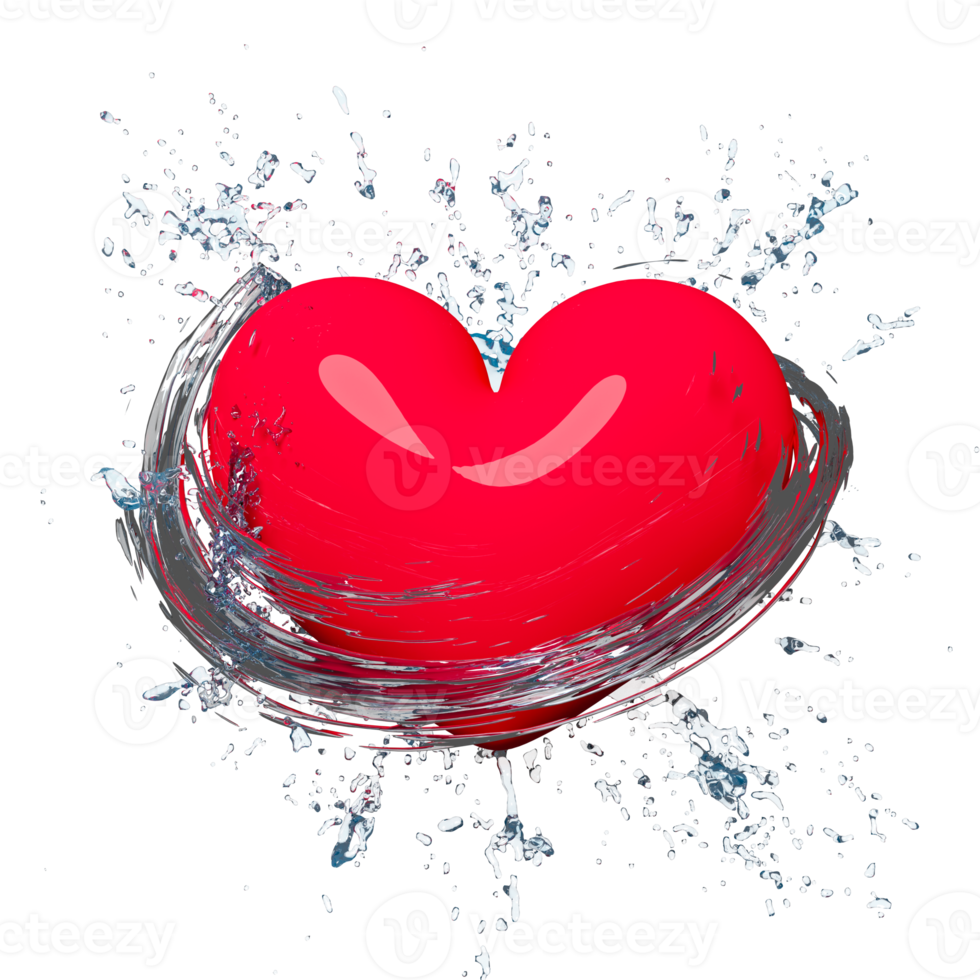 rood hart met verfrissend water plons geïsoleerd. Gezondheid liefde of wereld hart dag of Valentijnsdag dag concept, 3d illustratie of 3d geven png