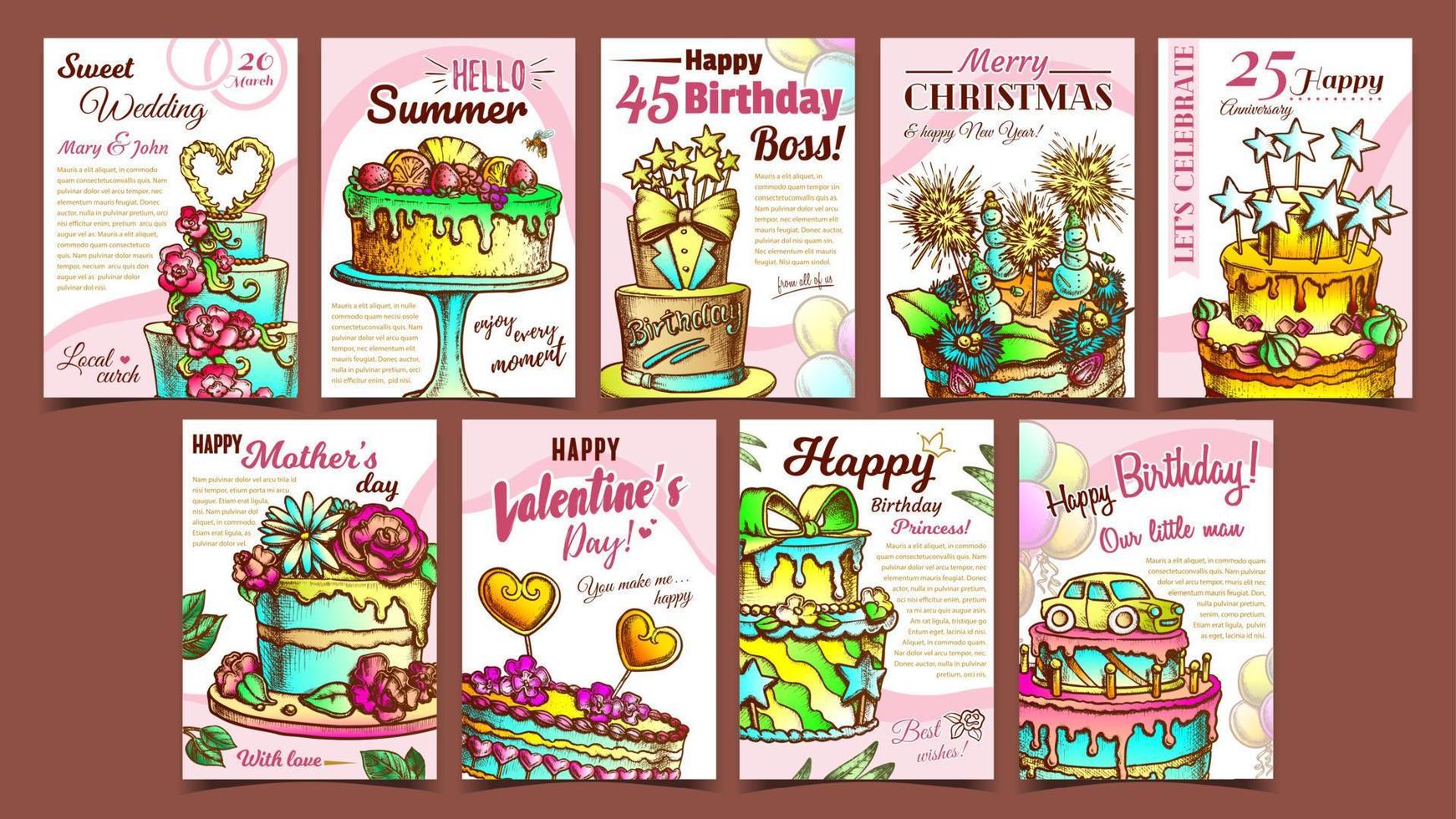 pastel pastel delicioso colección carteles conjunto vector