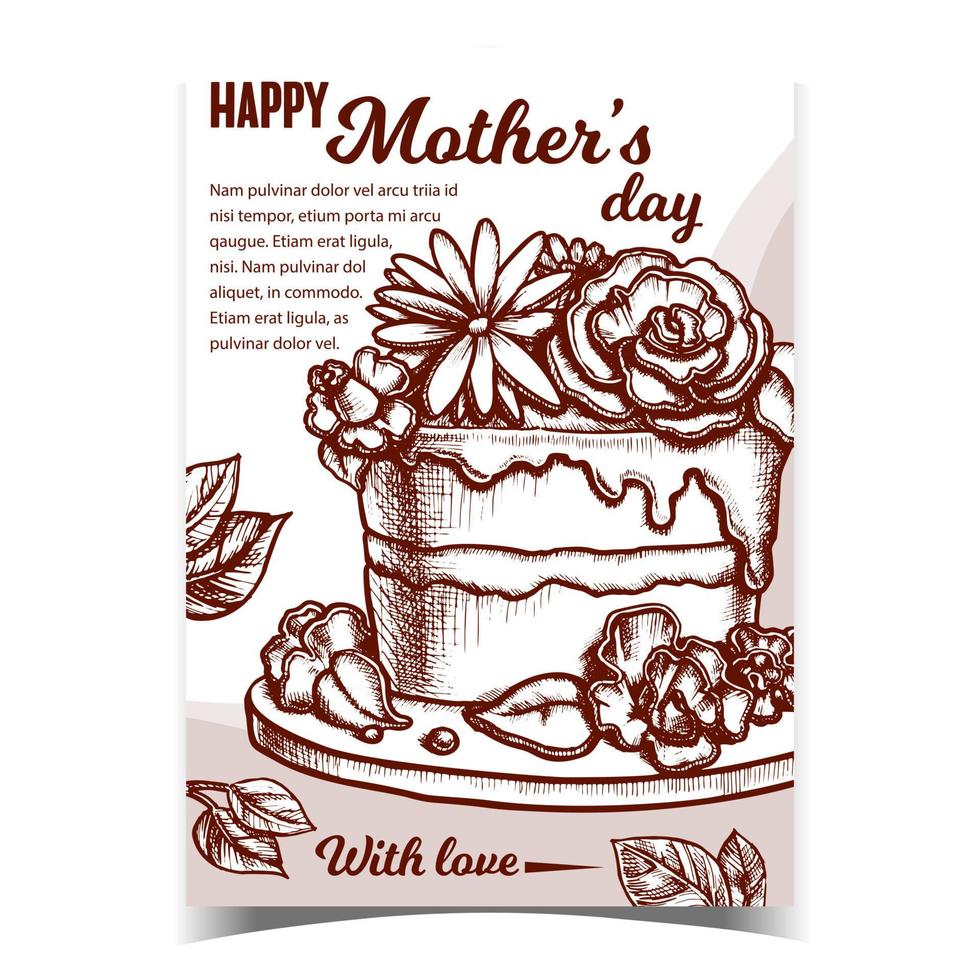 Cake With Flowers For Mother Day Banner Vector