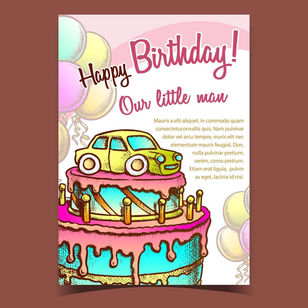 Birthday Cake Decorated With Car Banner Vector