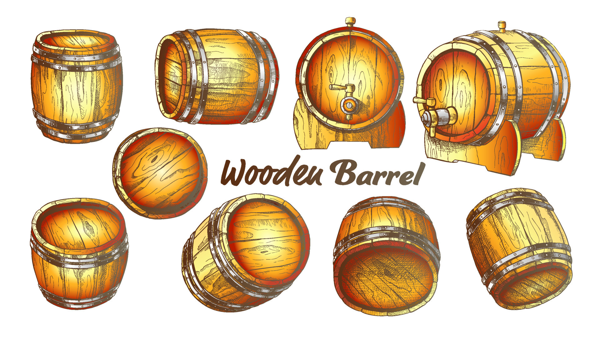 Vintage Wooden Barrel In Different Side Color Set Vector 17420924