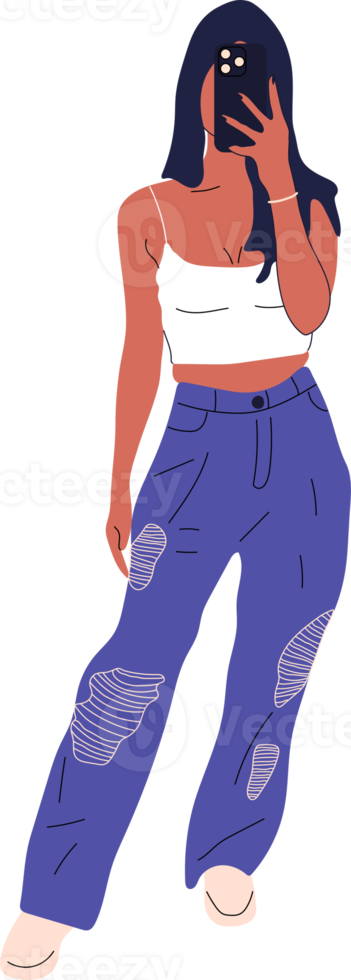 mulher jovem e bonita em uma moda jeans e camiseta tira-se em um smartphone. esboço desenhado à mão. ilustração png. png