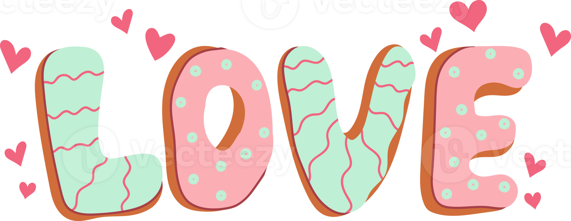 Love text in the form of cookies with icing. Gingerbread in the shape of letters. Doodle in cartoon style. Valentines day. Illustration for design isolated on transparent background. png