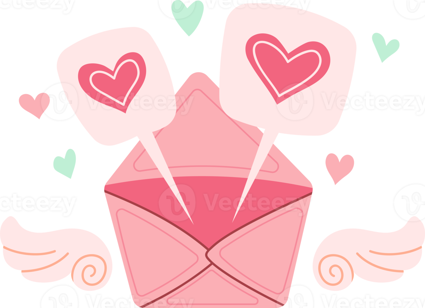 Cute envelope with wings and pink hearts. Message bubble. Doodle in cartoon style. Valentines day illustration for design isolated on transparent background png. png