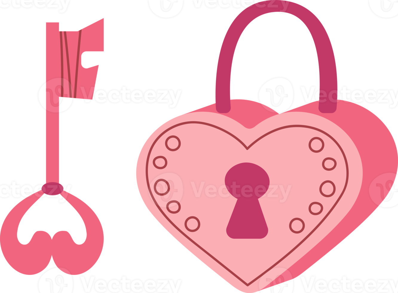 Key lock in the shape of a heart with key. Doodle in cartoon style. Valentines day. Illustration for design isolated on transparent background. png