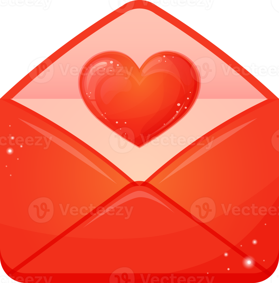 Red envelope with shining heart. Love message. Symbol of Valentine's day. Giving love mail. Illustration for design isolated on transparent background. png
