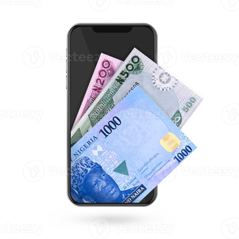 3d Illustration of Nigerian naira notes inside mobile phone png