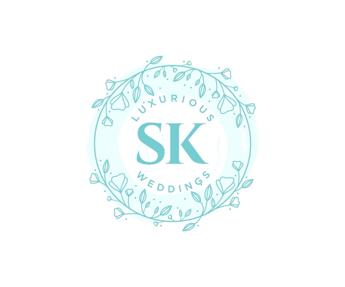 plantilla de logotipos de monograma de boda con letras iniciales sk, plantillas florales y minimalistas modernas dibujadas a mano para tarjetas de invitación, guardar la fecha, identidad elegante. vector