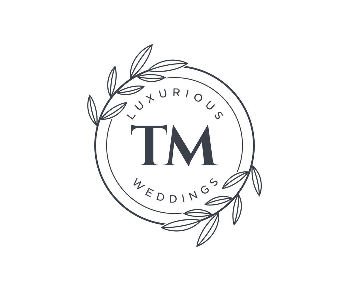 plantilla de logotipos de monograma de boda con letras iniciales tm, plantillas florales y minimalistas modernas dibujadas a mano para tarjetas de invitación, guardar la fecha, identidad elegante. vector