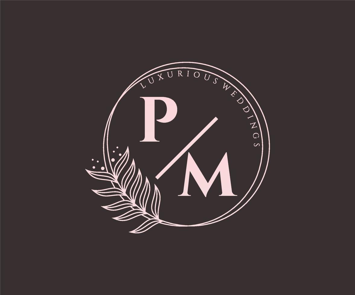 plantilla de logotipos de monograma de boda con letras iniciales pm, plantillas florales y minimalistas modernas dibujadas a mano para tarjetas de invitación, guardar la fecha, identidad elegante. vector