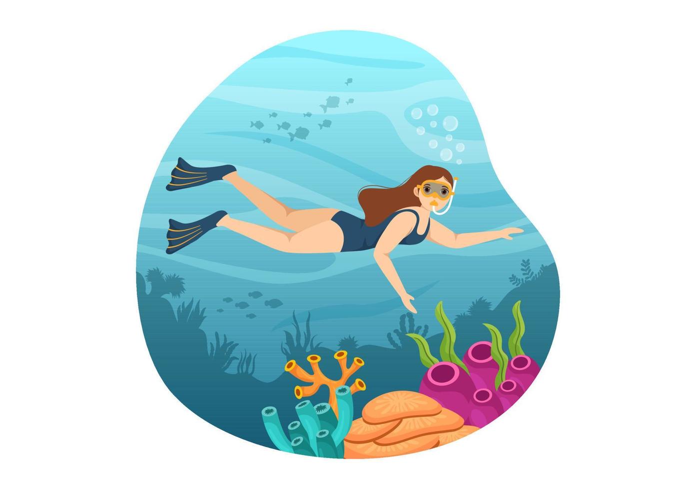 ilustración de esnórquel con natación submarina explorando el mar, arrecifes de coral o peces en el océano para la página de aterrizaje en plantillas dibujadas a mano de dibujos animados vector