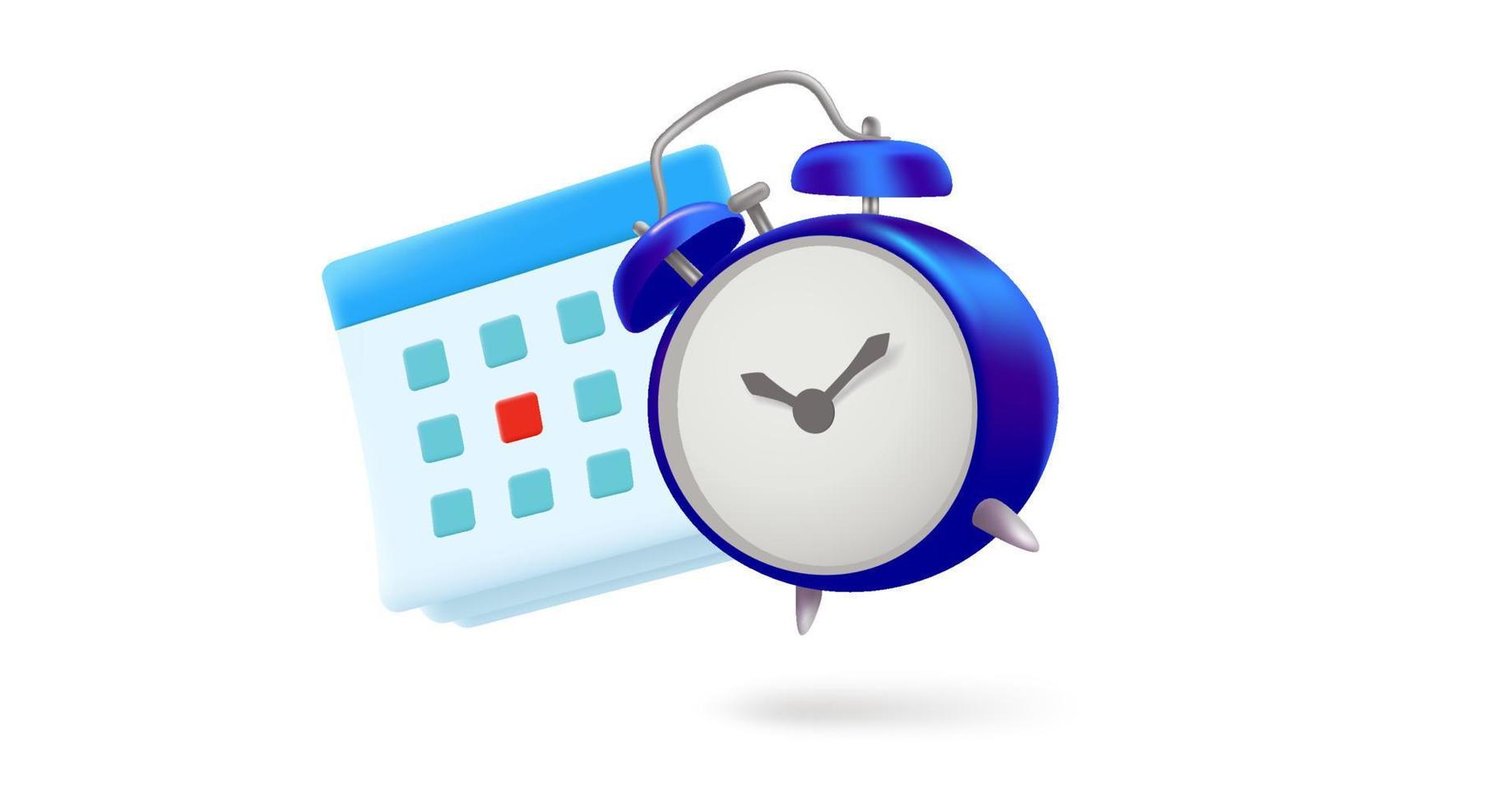 Blue alarm clock with calendar. 3d vector illustration