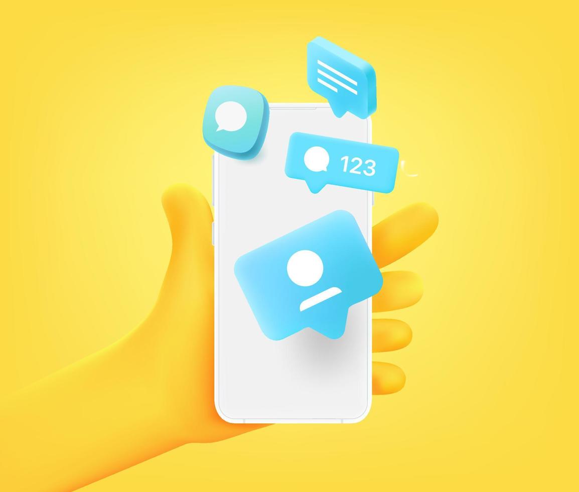 Receiving messages via social media on smartphone. 3d vector illustration
