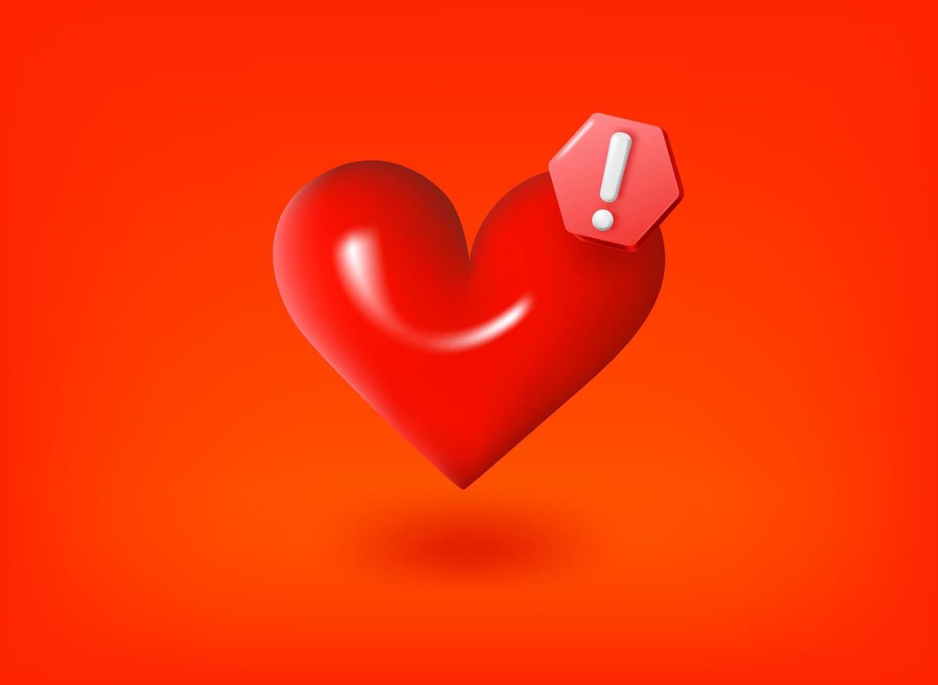 corazón rojo con pictograma de signo de exclamación. ilustración vectorial 3d vector