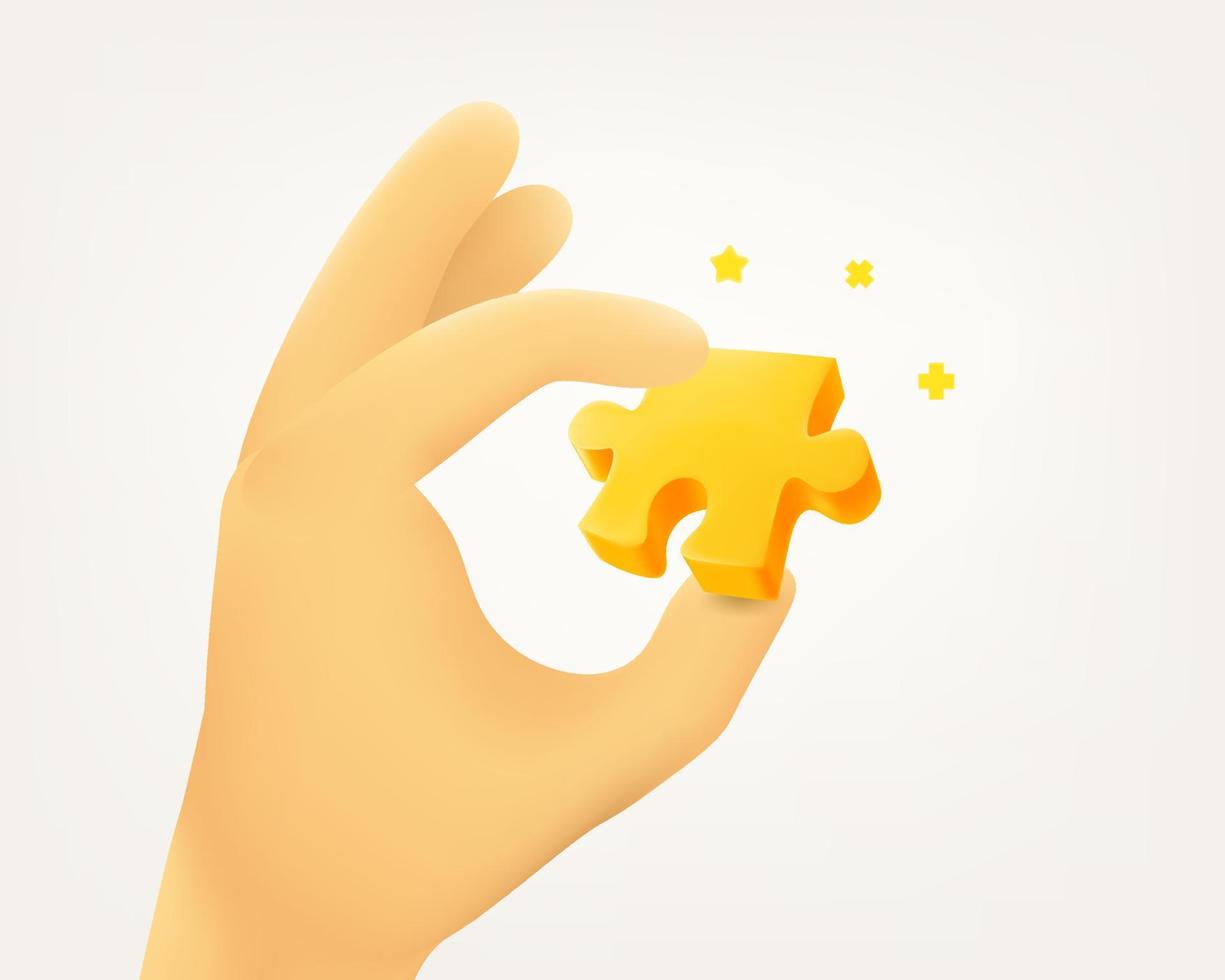Cute cartoon human hand holding puzzle element. 3d vector illustration