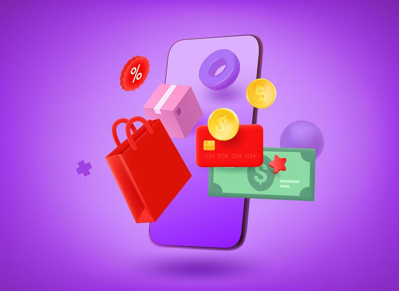 Making purchases via mobile application. Shopping concept. 3d vector illustration