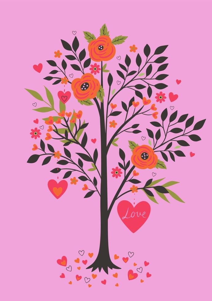 Valentine's day card with tree of hearts and flowers. Vector graphics.