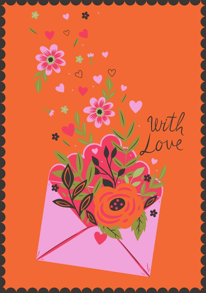 Valentine's day card with envelope and flowers. Vector graphics.