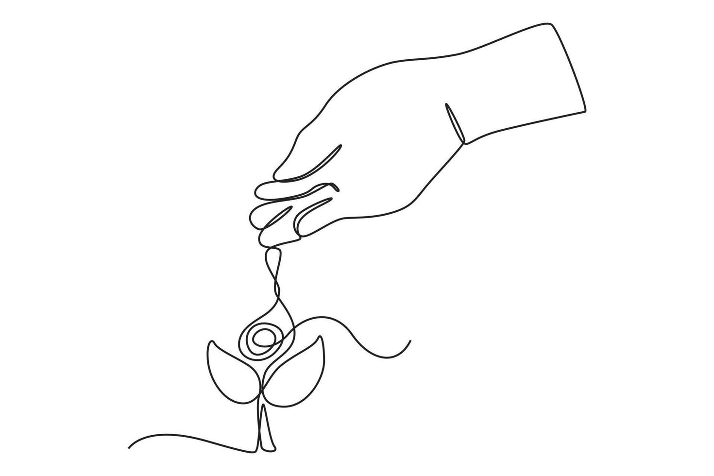Continuous one line drawing hand watering to small plant in garden . World water day concept. Single line draw design vector graphic illustration.