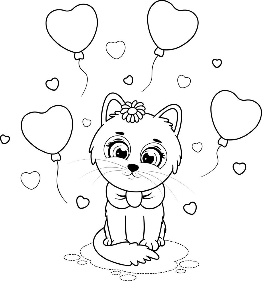 página para colorear lindo gatito con corazones y globos vector