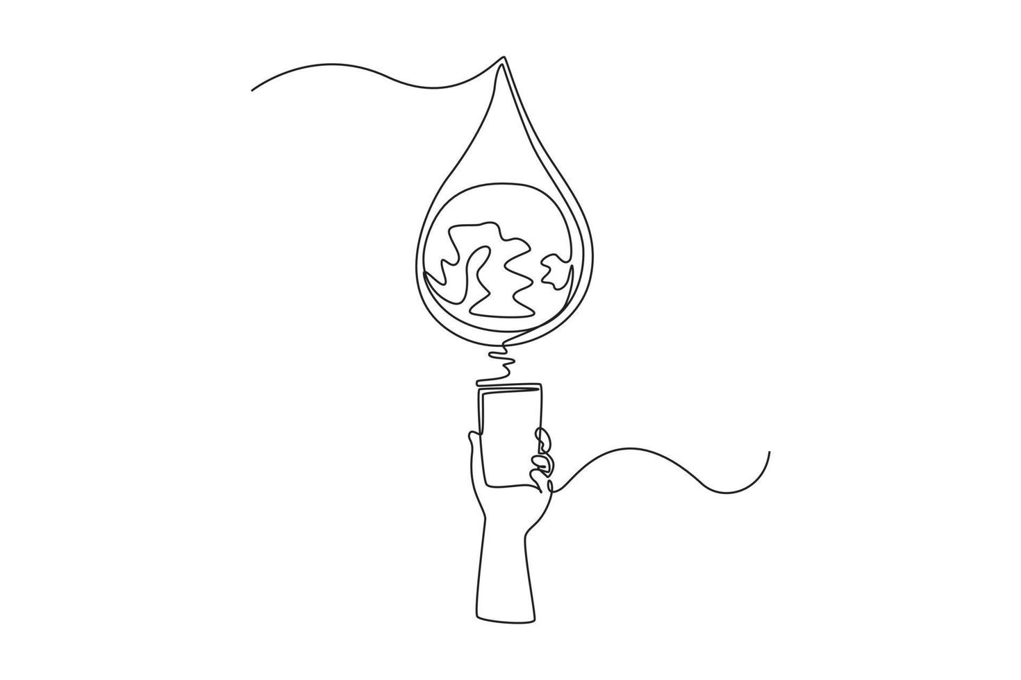 Continuous one line drawing water drop on glass of water. World water day concept. Single line draw design vector graphic illustration.
