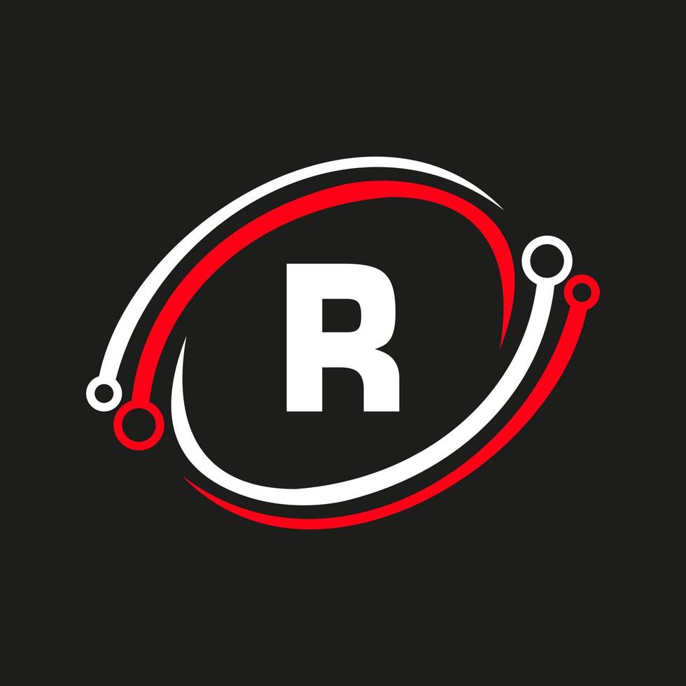 diseño de logotipo de tecnología en el concepto de letra r. plantilla de logotipo de red de tecnología vector