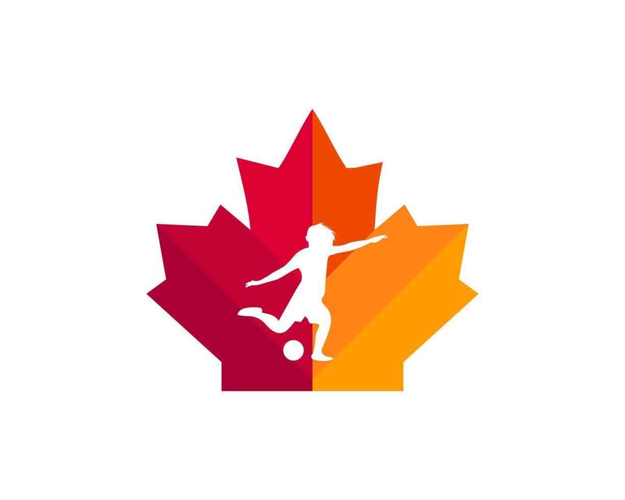 diseño del logotipo del jugador de fútbol de arce. logotipo de la futbolista canadiense. hoja de arce roja con vector de concepto de jugador de fútbol