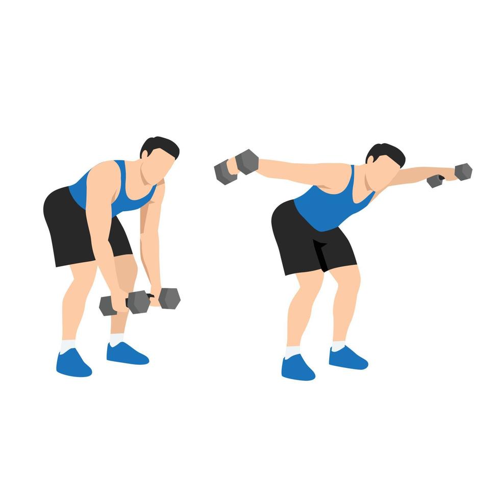 hombre haciendo dumbbell inclinado sobre moscas inversas. ilustración vectorial plana aislada sobre fondo blanco vector