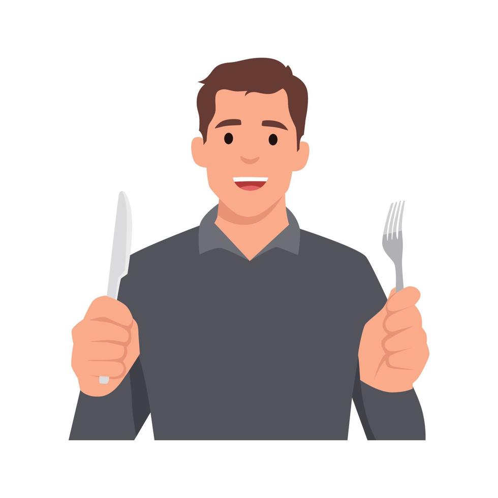 Young man holding knife and fork. Hungry man waiting for food. Flat vector illustration isolated on white background
