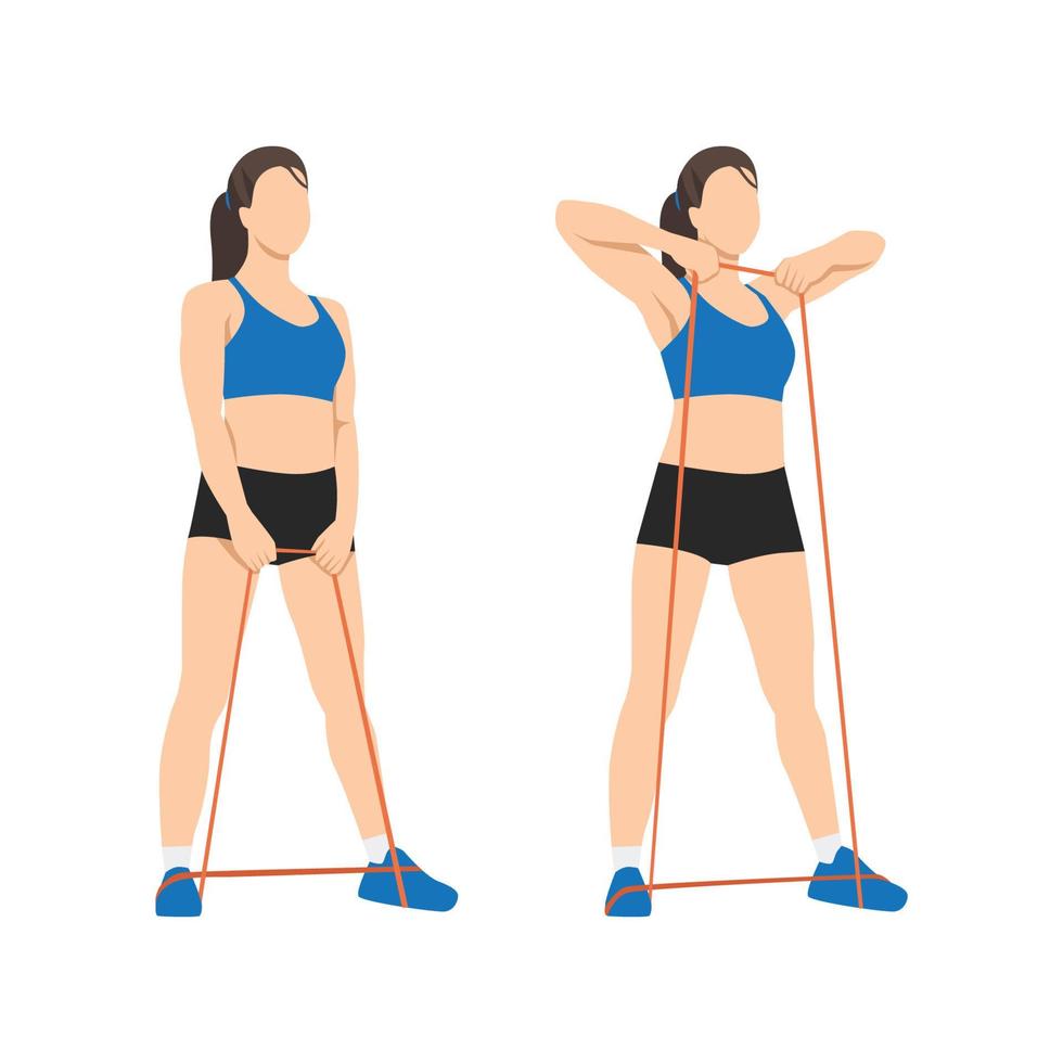 Woman doing Upright Row Home Workout Exercise with Thin Resistance Band. Flat vector illustration isolated on white background