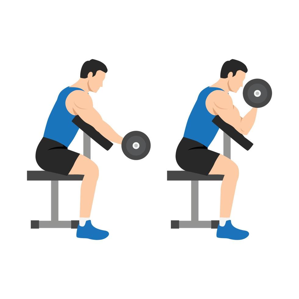 Man doing one arm dumbbell preacher curl side view. Flat vector illustration isolated on different layer. Workout character