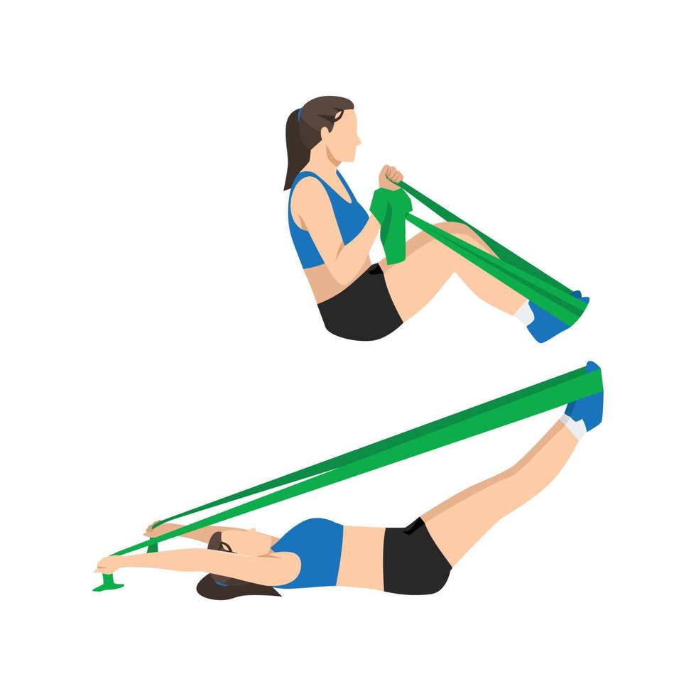 mujer haciendo estiramiento de doble pierna con ejercicio de banda de resistencia. ilustración vectorial plana aislada sobre fondo blanco vector