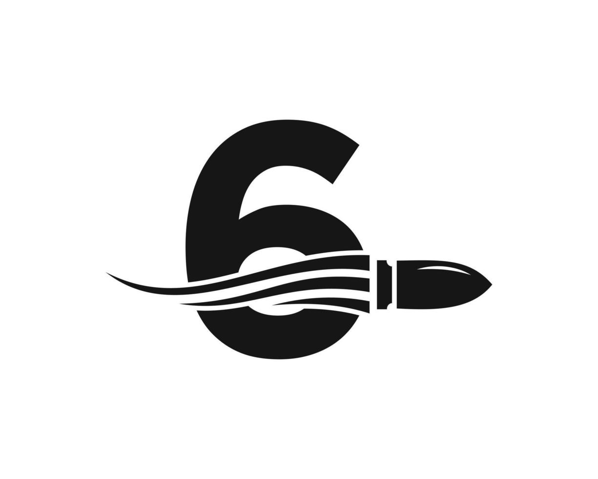 letra inicial 6 logotipo de bala de disparo con arma conceptual para símbolo de seguridad y protección vector