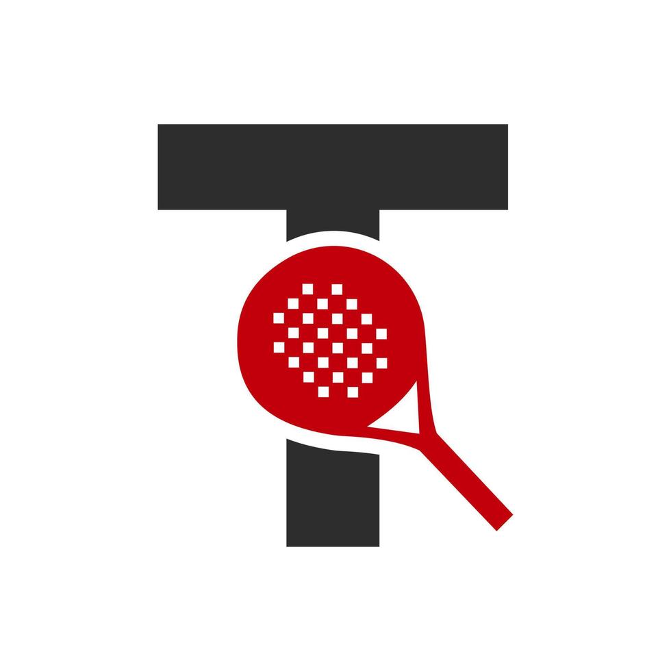 Plantilla de vector de diseño de logotipo de raqueta de padel de letra t. símbolo del club de tenis de mesa de playa