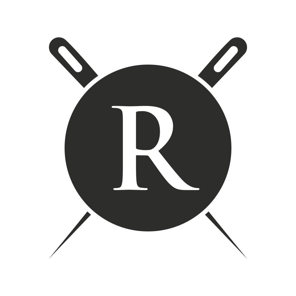 logotipo de sastre de letra r, combinación de aguja e hilo para bordado, textil, moda, tela, plantilla de tela vector