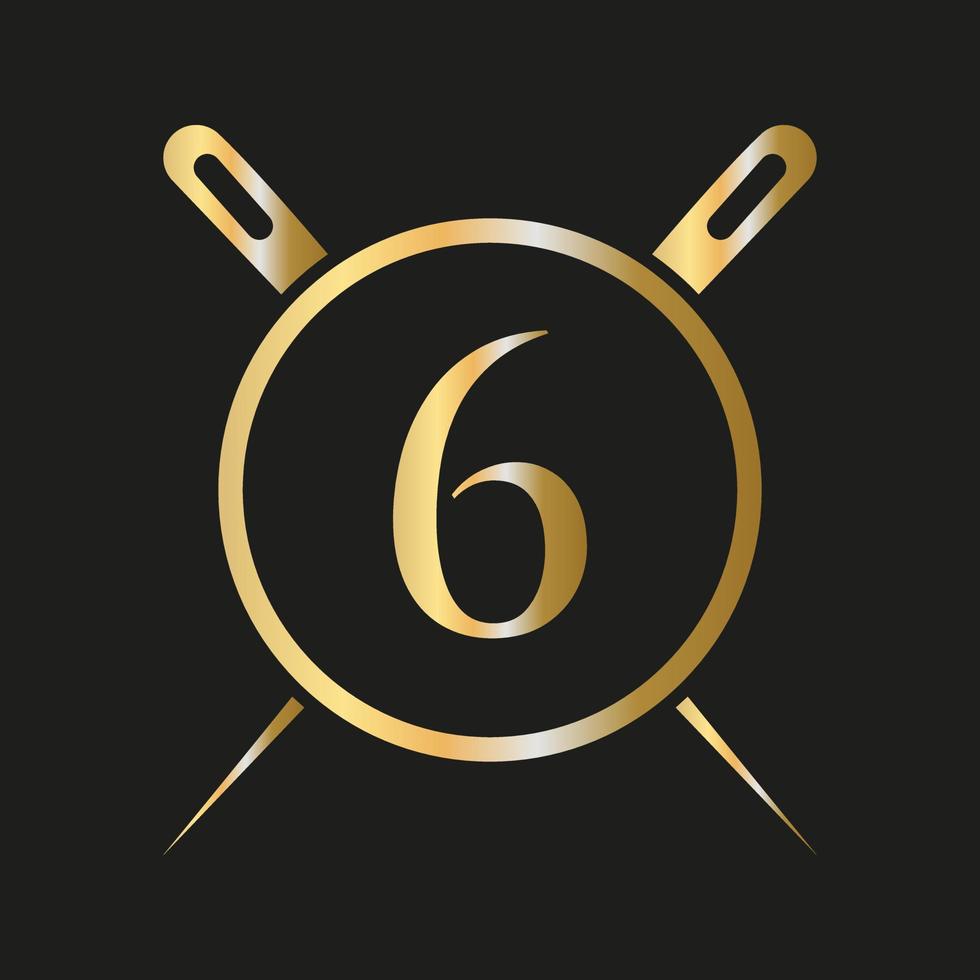 logotipo de sastre de letra 6, combinación de aguja e hilo para bordado, textil, moda, tela, plantilla de tela vector