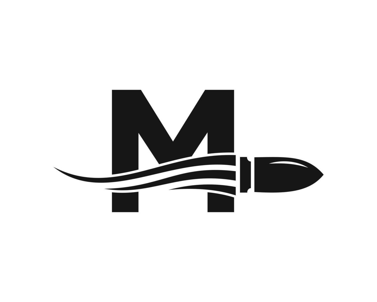 letra inicial m logotipo de bala de tiro con arma conceptual para símbolo de seguridad y protección vector