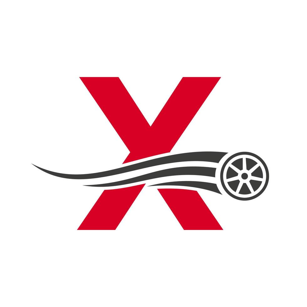 sport car letter x concepto de diseño de logotipo de reparación de automóviles automotrices con plantilla de vector de icono de neumático de transporte