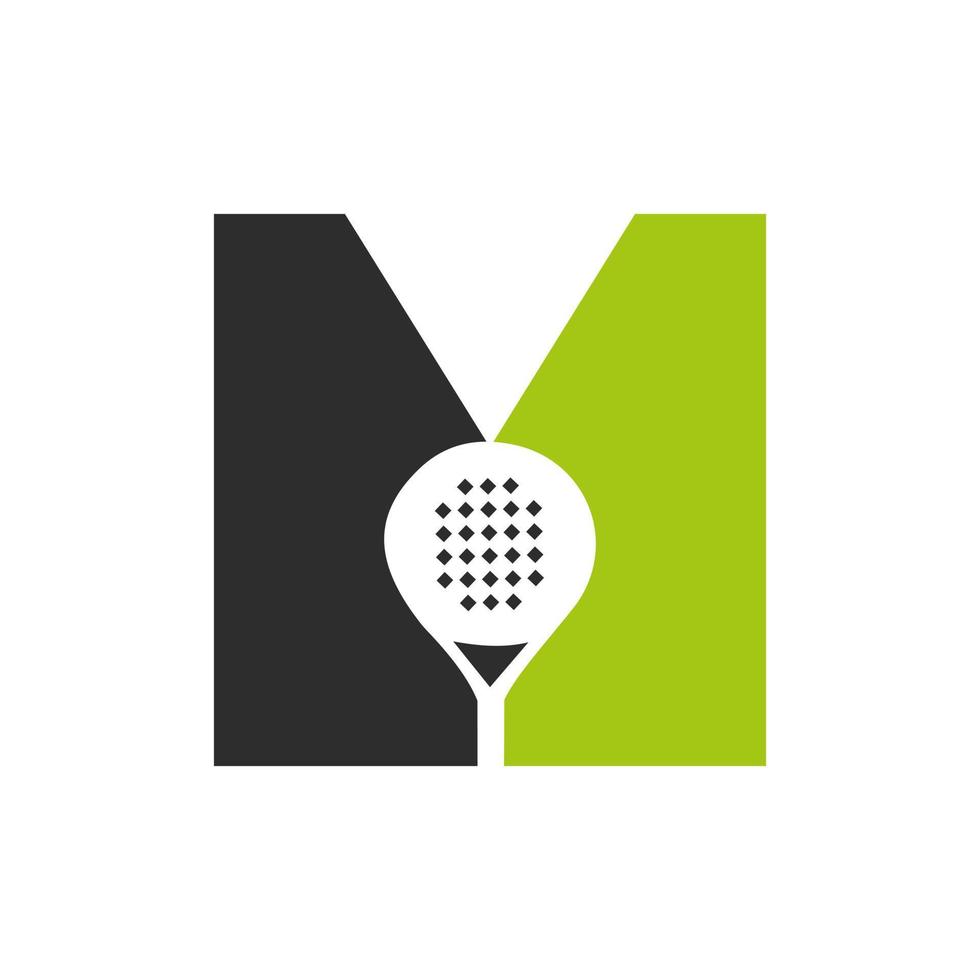letra m plantilla de vector de diseño de logotipo de raqueta de padel. símbolo del club de tenis de mesa de playa