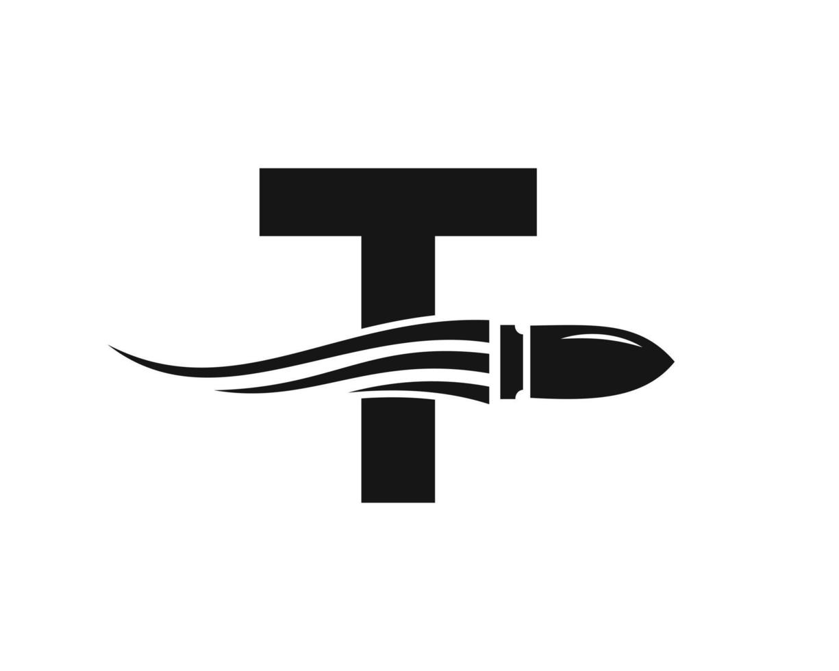 letra inicial t logotipo de bala de tiro con arma conceptual para símbolo de seguridad y protección vector