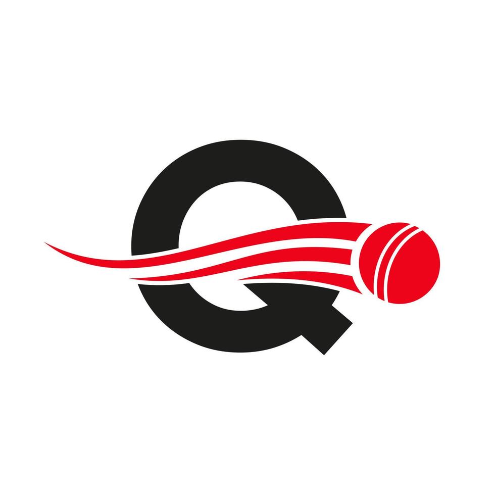 concepto de logotipo de cricket de letra q con icono de bola para la plantilla de vector de símbolo de club de cricket. signo de jugador de críquet