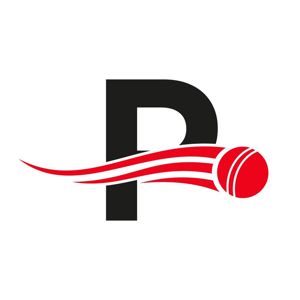 concepto de logotipo de cricket con letra p con icono de bola para plantilla de vector de símbolo de club de cricket. signo de jugador de críquet