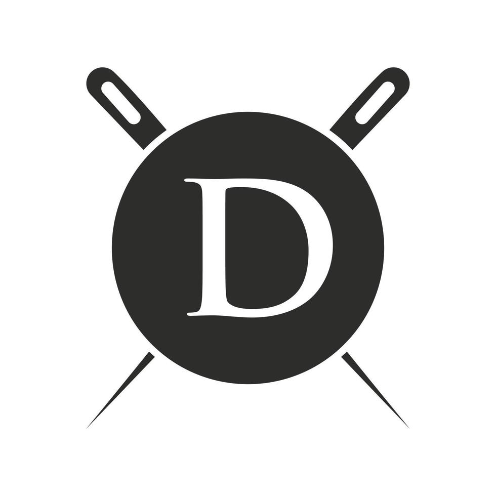 logotipo de sastre de letra d, combinación de aguja e hilo para bordado, textil, moda, tela, plantilla de tela vector