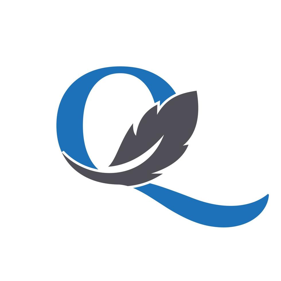 diseño de logotipo de pluma de letra q combinado con vino de pluma de pájaro para abogado, símbolo de ley vector