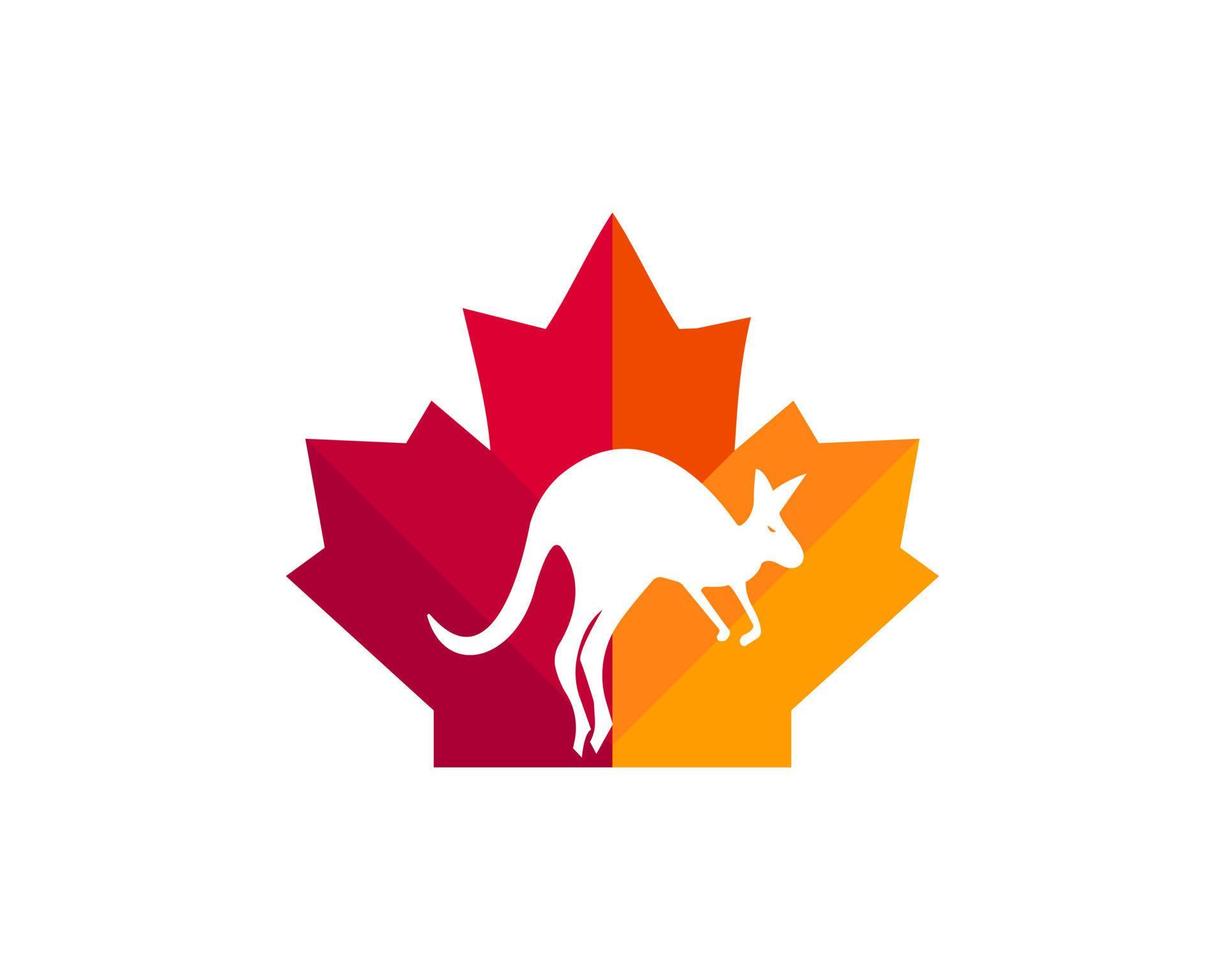 diseño del logotipo de canguro de arce. logotipo de canguro canadiense. hoja de arce roja con vector de canguro saltando